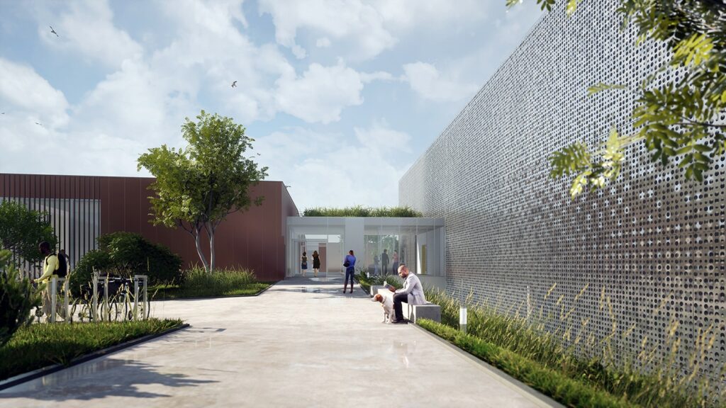 Entrée du futur bâtiment des Archives Départementales de Dainville avec jardin paysager, accès visiteurs et architecture contemporaine