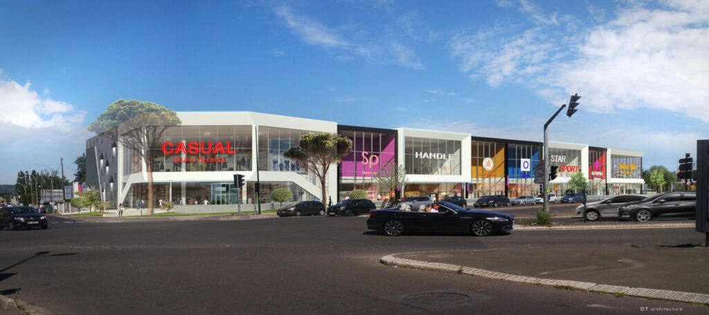 Illustration 3D du centre commercial FIRST à Herblay comprenant commerces, parkings et vitrines en double hauteur