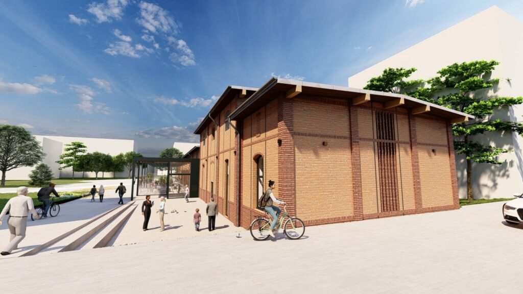 Illustration 3D du bâtiment réhabilité accueillant la médiathèque à Montigny-lès-Metz, avec façade bois et espace paysager