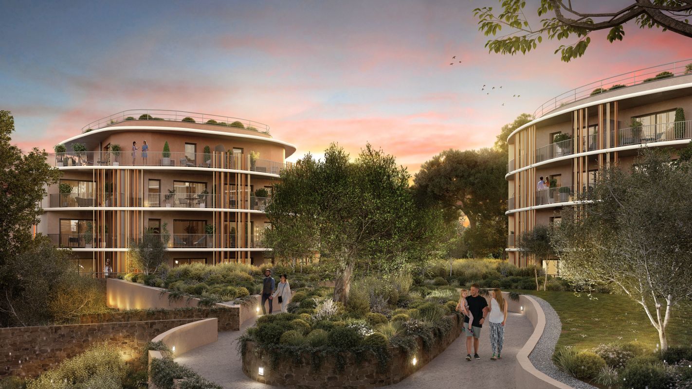 Perspective architecturale d’un ensemble résidentiel contemporain avec bâtiments aux lignes courbes et espaces paysagers.Reconversion urbaine durable