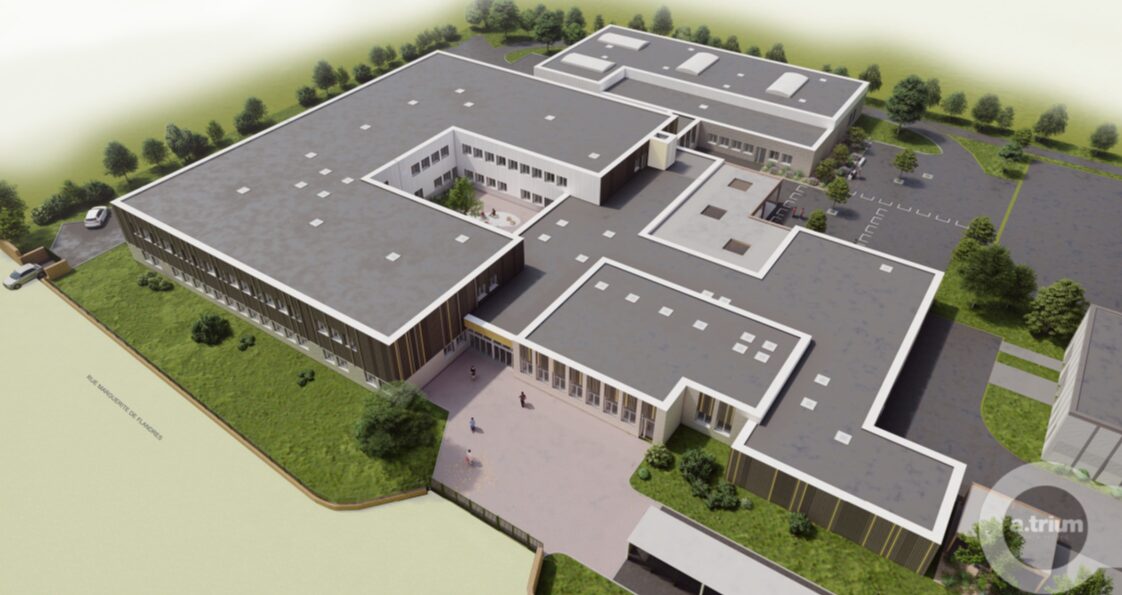 Rendu aérien 3D d’un complexe de bâtiments modernes en forme de U avec toits plats gris, cour intérieure et espaces verts, entouré de parkings et d’arbres.Restructuration collège