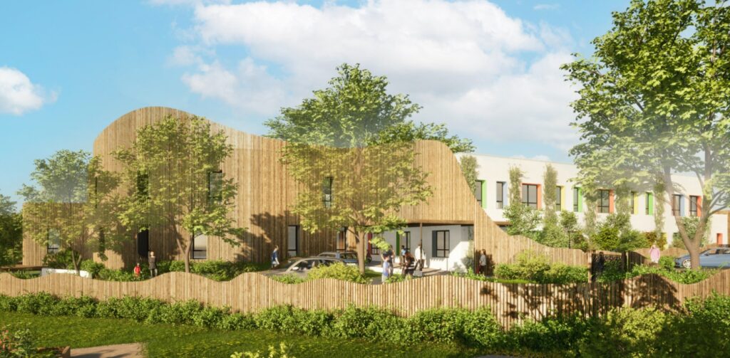 Bâtiment contemporain en bois, intégré dans un environnement paysager, illustrant une architecture durable et naturelle.Institut médico-éducatif autisme