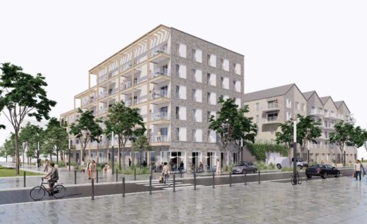 Immeuble résidentiel contemporain intégré dans un quartier urbain végétalisé et convivial.Résidence Les Hortillonages