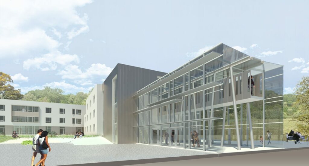 Perspective architecturale d’un bâtiment contemporain avec façade vitrée et structure apparente.Clinique santé mentale