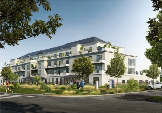 Résidence contemporaine avec balcons et espaces verts, intégrée dans un environnement urbain paysager.