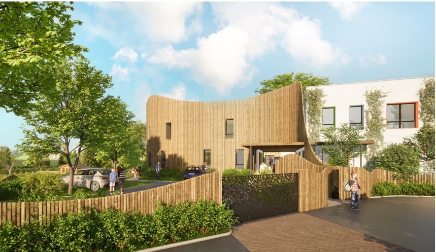 Bâtiment contemporain en bois, intégré dans un environnement paysager, illustrant une architecture durable et naturelle.Institut médico-éducatif autisme
