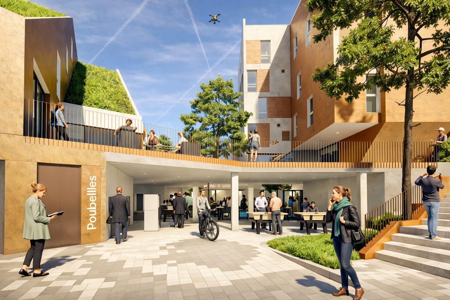 Cour intérieure paysagée d’une résidence étudiante avec cheminements piétons, pelouses et arbres, entourée d’immeubles modernes, avec des étudiants et des habitants.